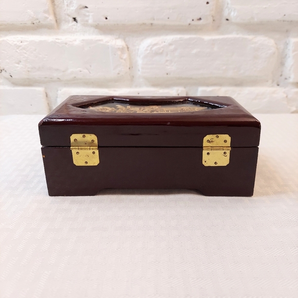 Vintage Handcarved Cork in Wood Laquered Jewelry Box Red Fabric Lined Chinese - Picture 10 of 12